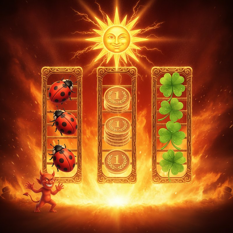 Alles Spitze Merkur Slot mit drei Gewinnleitern auf flammendem Hintergrund, Käfer-Symbol links, Münzen-Symbol mittig, Kleeblatt-Symbol rechts, Merkur-Sonne als Wild-Symbol